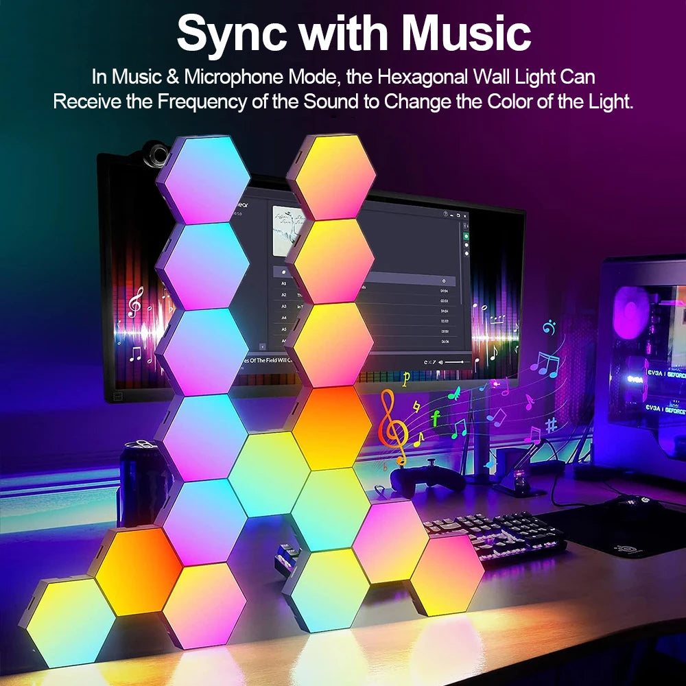 RGB Smart Hexagonal Wall Lamp Color Changing Ambient Night Light DYI Shape Music Rhythm APP for Game Room Bedroom Intelligent