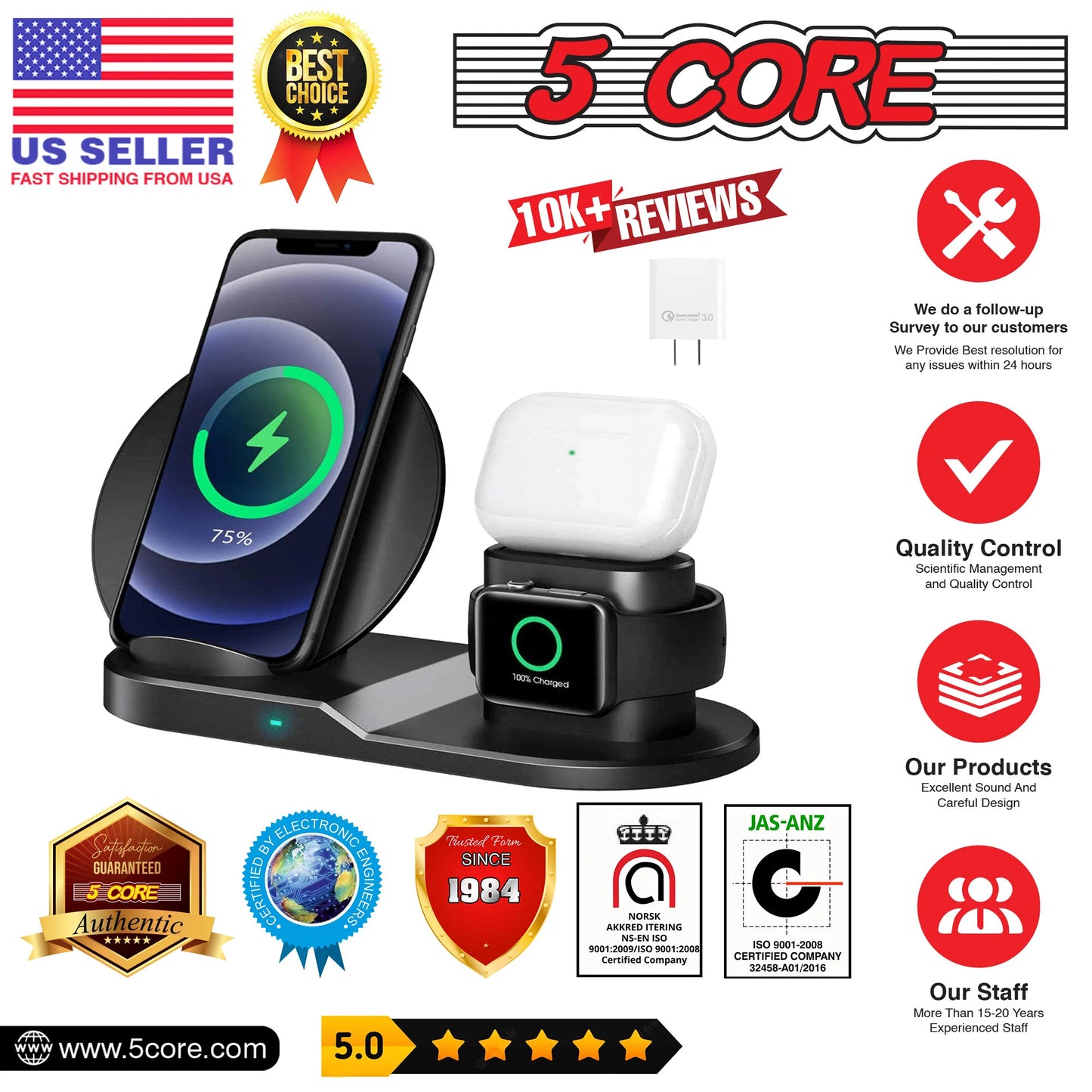 5 Core Wireless Charging Station Ultra-Slim Triple Wireless Charger Station for Multi Device