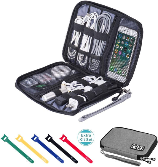 Travel Cable Organizer Bag Waterproof Portable Electronic Accessories Organizer for USB Cable Cord Phone Charger Headset Wire SD Card with 5Pcs Cable Ties(Grey)