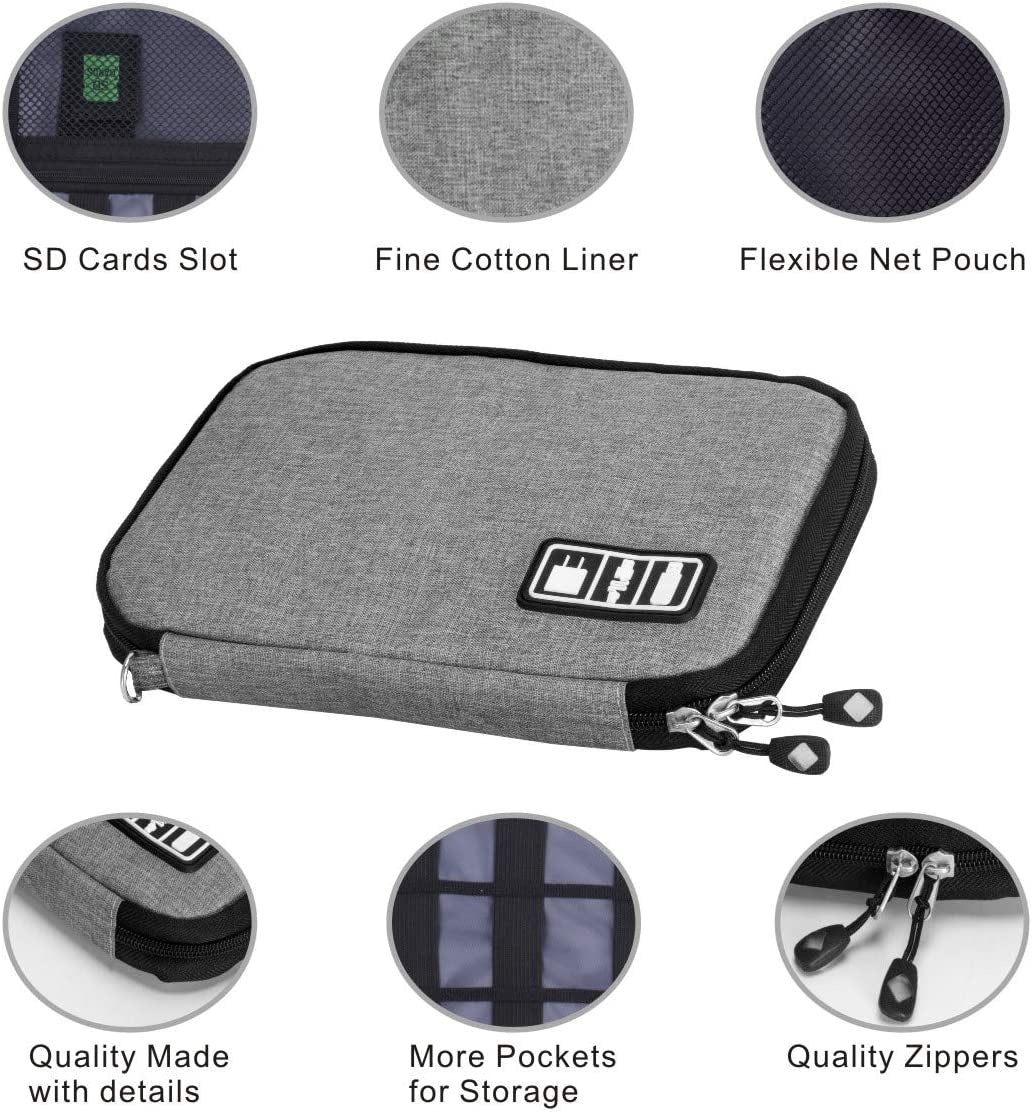 Travel Cable Organizer Bag Waterproof Portable Electronic Accessories Organizer for USB Cable Cord Phone Charger Headset Wire SD Card with 5Pcs Cable Ties(Grey)