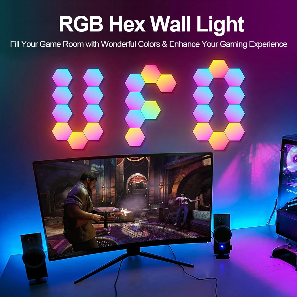 RGB Smart Hexagonal Wall Lamp Color Changing Ambient Night Light DYI Shape Music Rhythm APP for Game Room Bedroom Intelligent