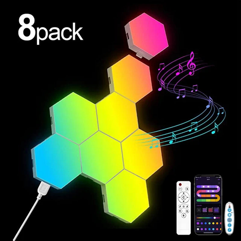 RGB Smart Hexagonal Wall Lamp Color Changing Ambient Night Light DYI Shape Music Rhythm APP for Game Room Bedroom Intelligent