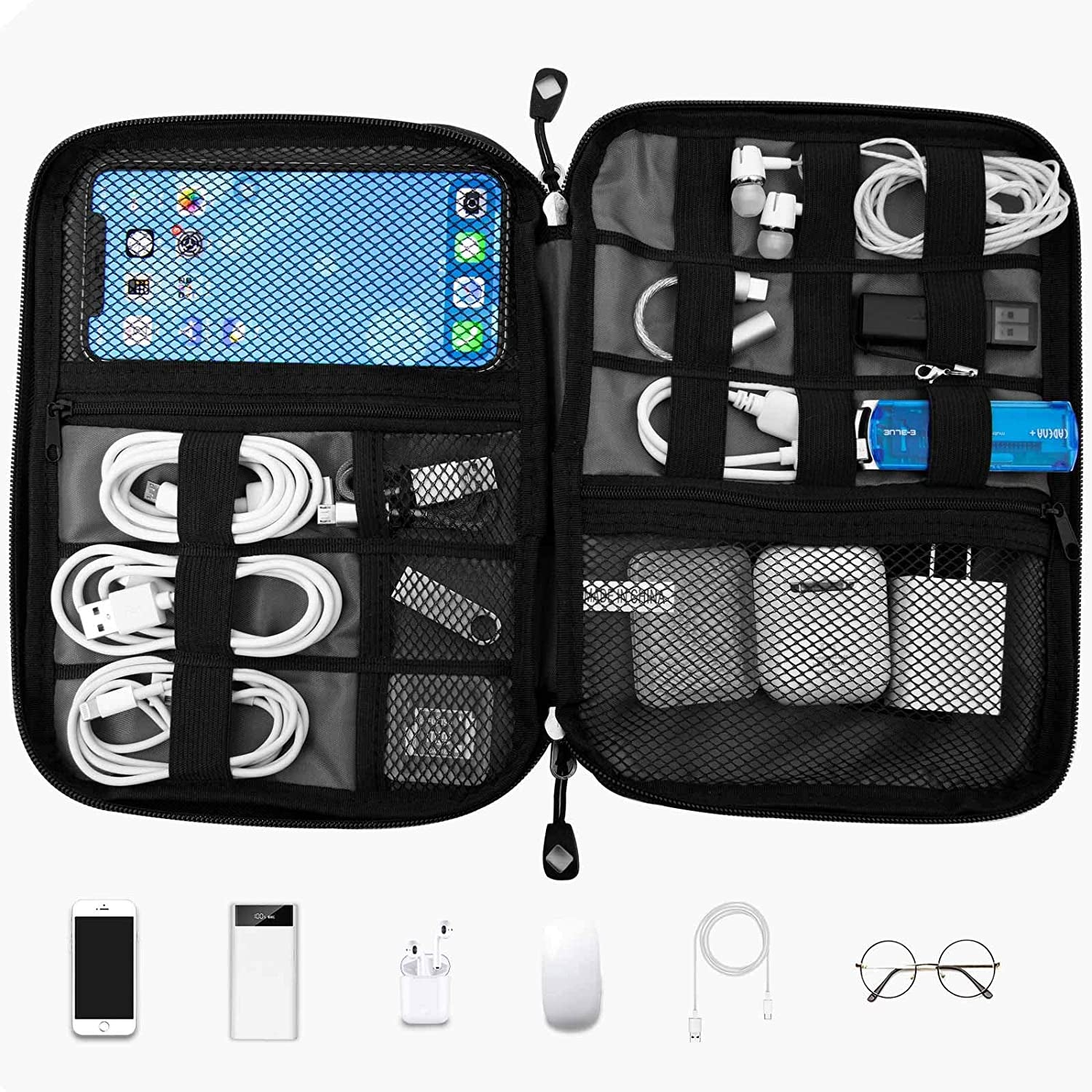 Travel Cable Organizer Bag Waterproof Portable Electronic Accessories Organizer for USB Cable Cord Phone Charger Headset Wire SD Card with 5Pcs Cable Ties(Grey)