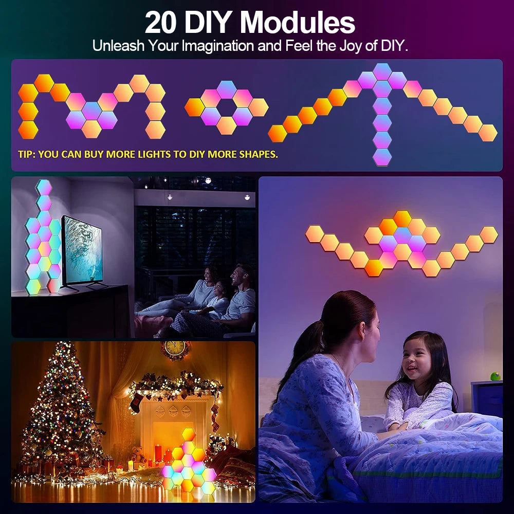 RGB Smart Hexagonal Wall Lamp Color Changing Ambient Night Light DYI Shape Music Rhythm APP for Game Room Bedroom Intelligent