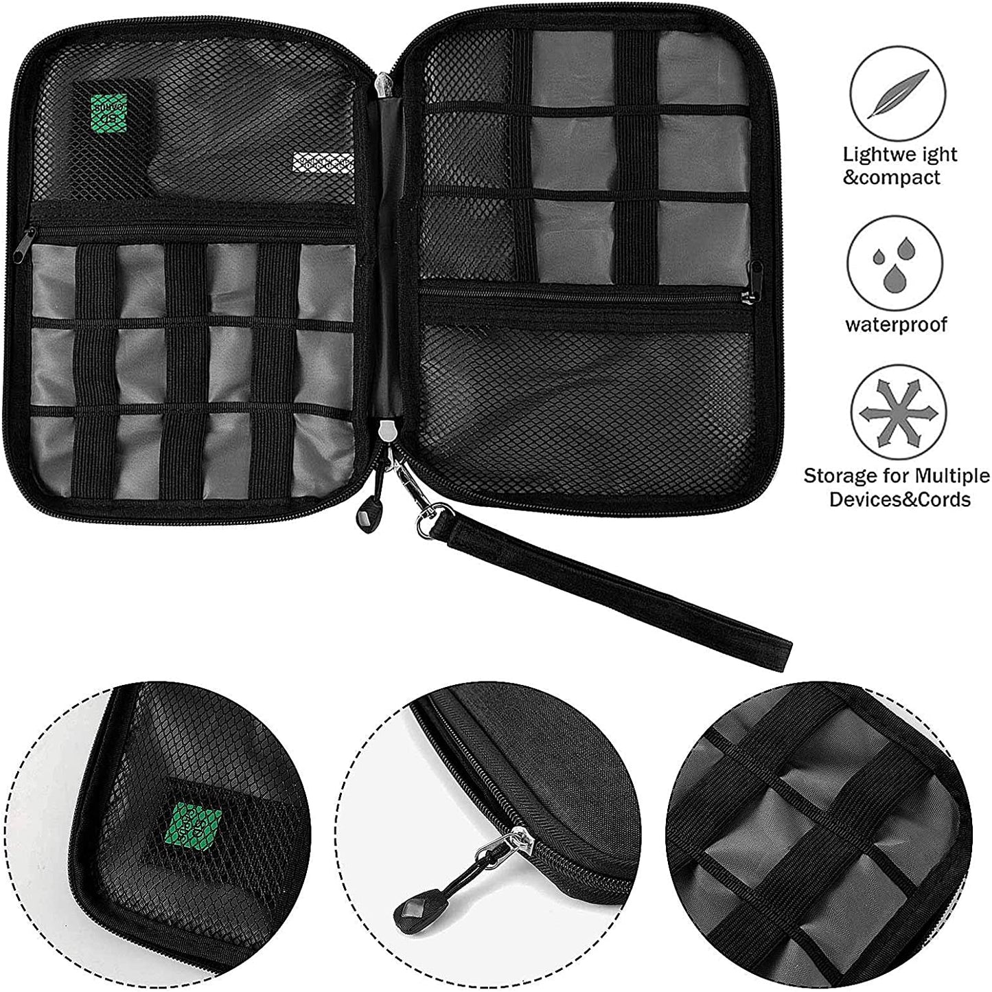 Travel Cable Organizer Bag Waterproof Portable Electronic Accessories Organizer for USB Cable Cord Phone Charger Headset Wire SD Card with 5Pcs Cable Ties(Grey)