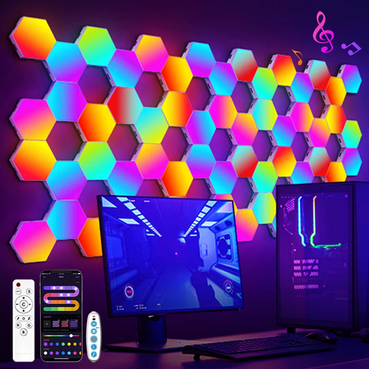 RGB Smart Hexagonal Wall Lamp Color Changing Ambient Night Light DYI Shape Music Rhythm APP for Game Room Bedroom Intelligent